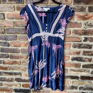 Harkham Navy Blue Floral Silk Short Sleeve Mini Dress Women's Size 6